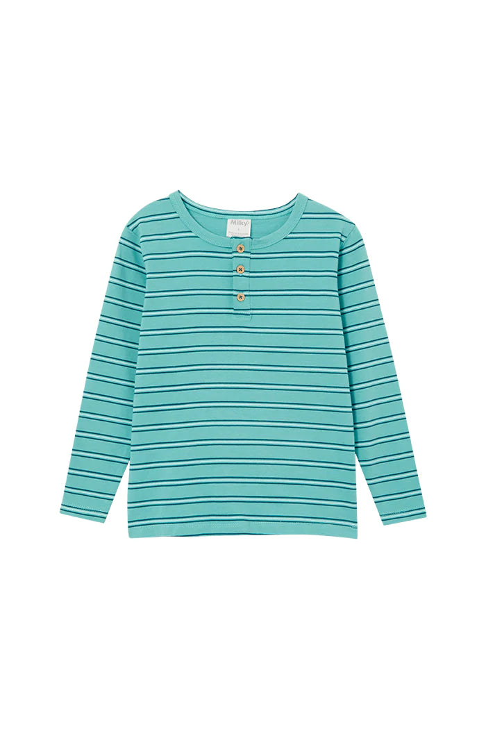Milky | Green Stripe Henley Long Sleeve T-Shirt | Sizes 8-12